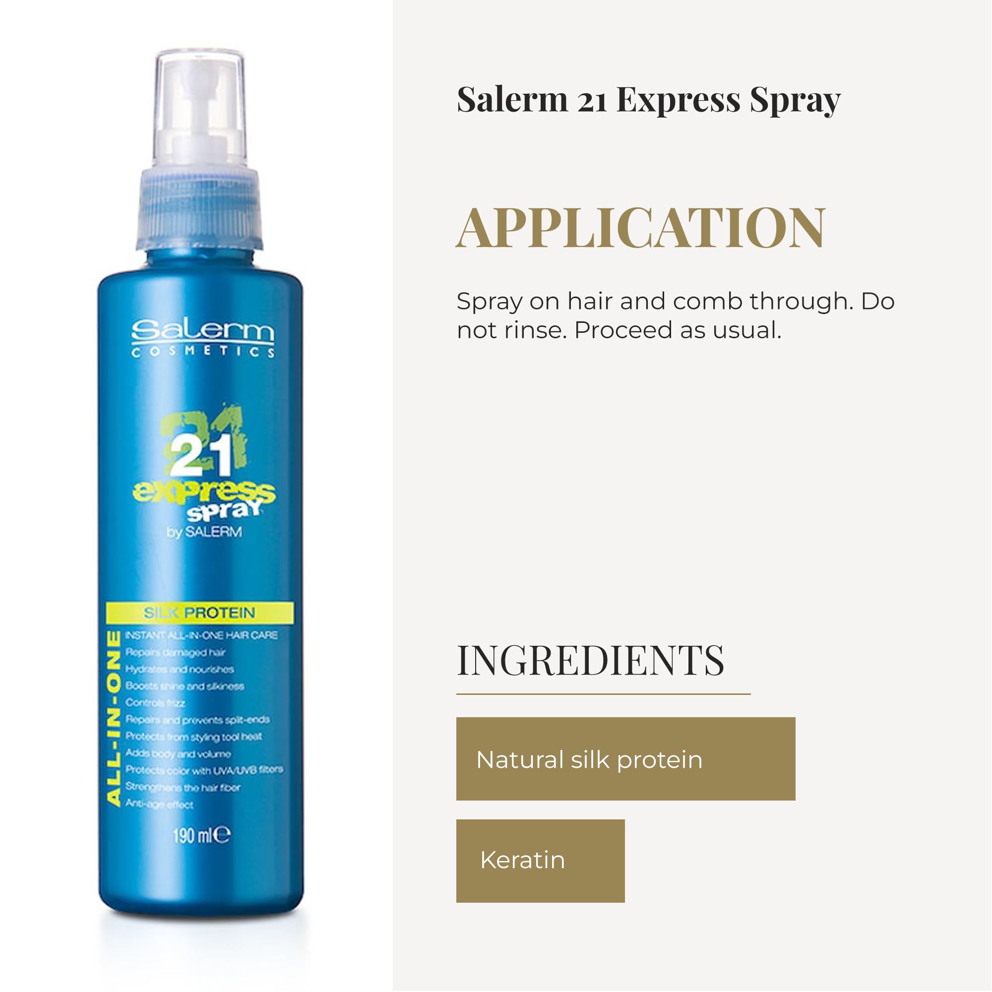 SALERM 21 Express heat-protection shot showing shielding from styling tools.