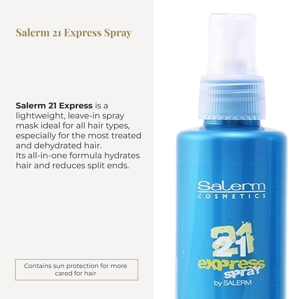 SALERM 21 Express spray action demonstrates quick, even distribution for all hair types.