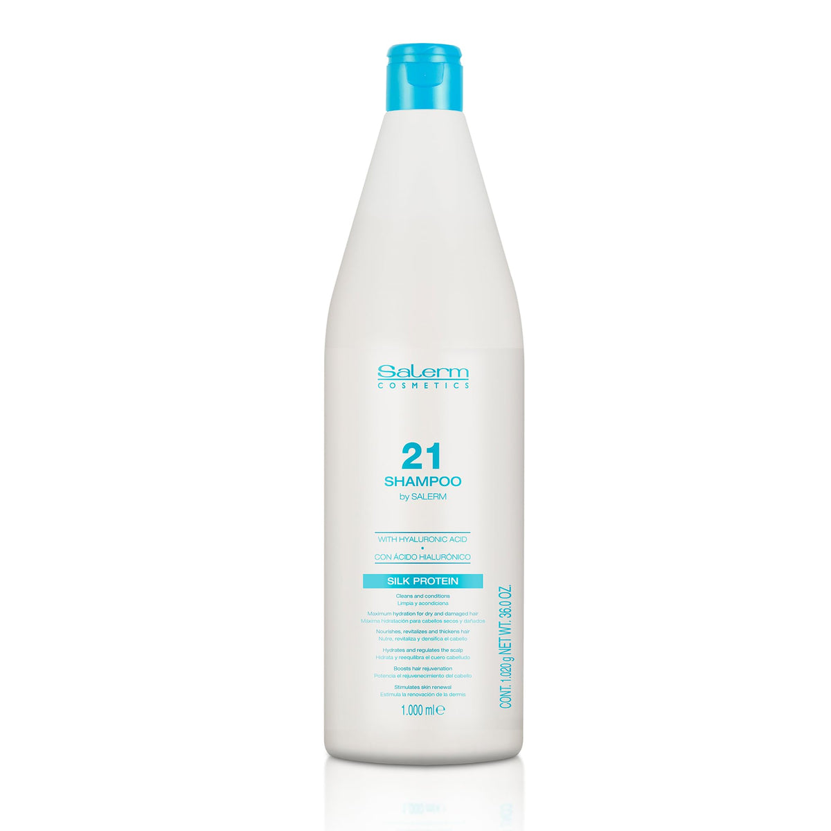 SALERM 21 hydrating shampoo bottle close-up for deep moisture and gentle cleanse.