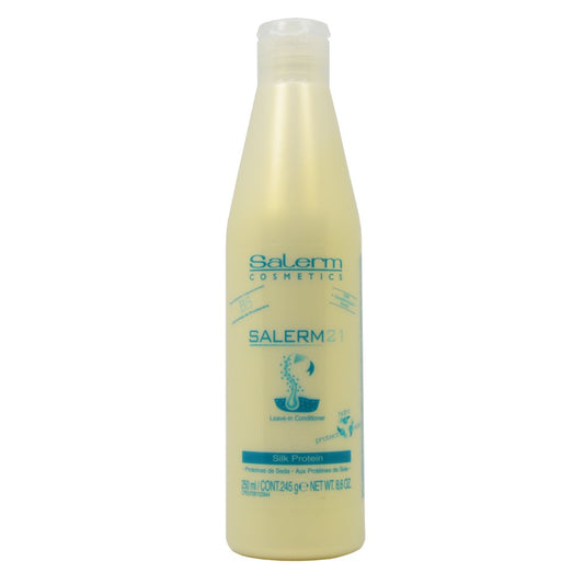 Salerm 21 Leave-In bottle delivers silky hair and easy detangling.