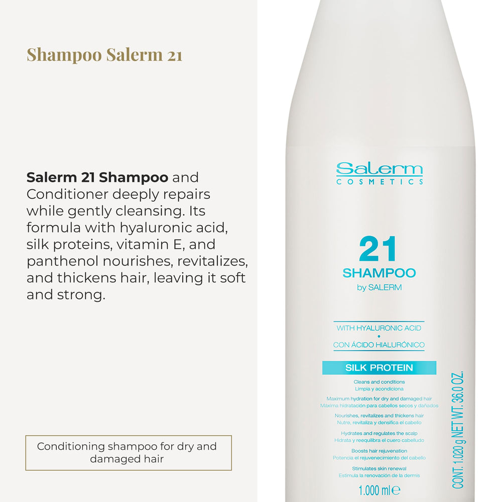 SALERM 21 silk protein-infused hair strands with natural shine and softness.