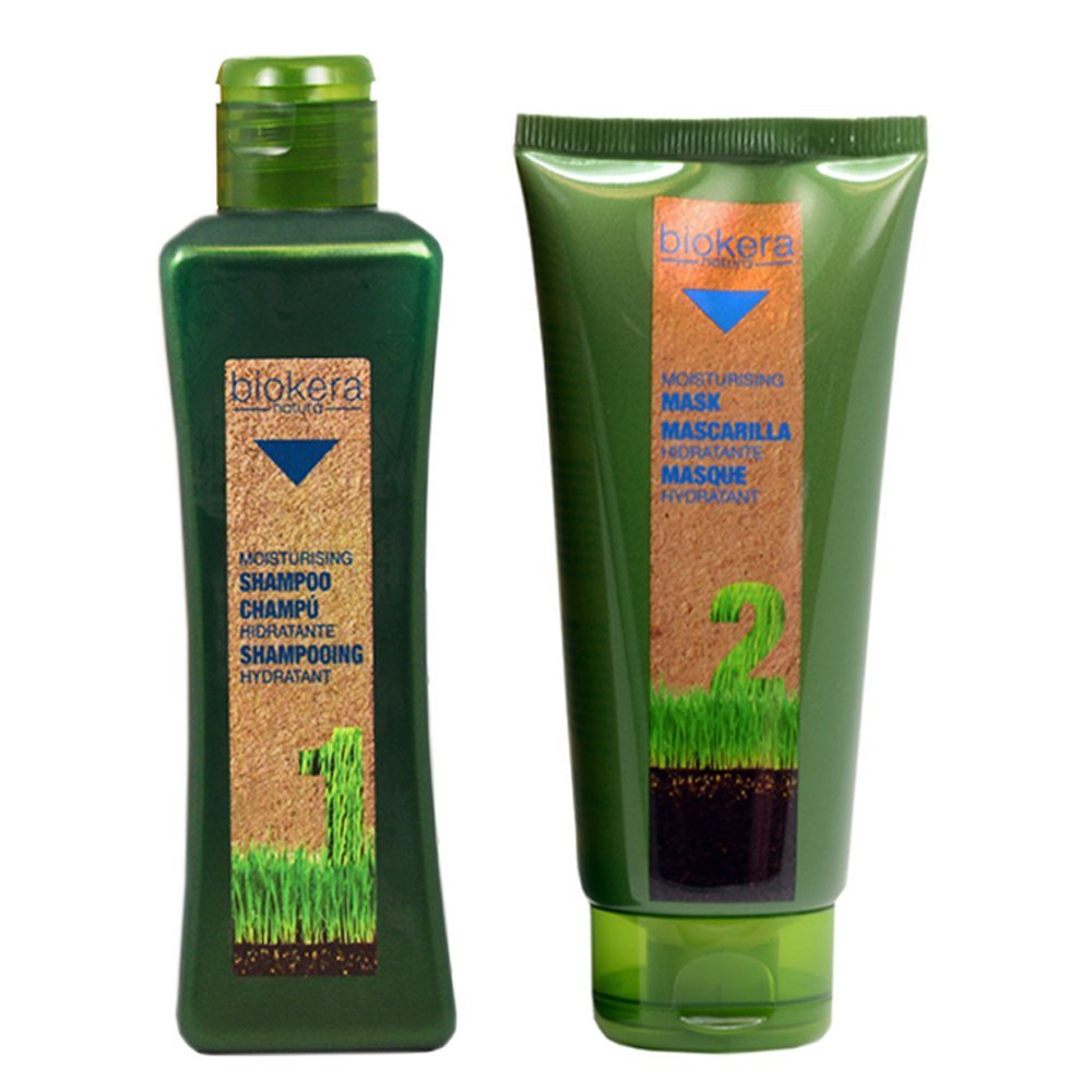 Salerm Biokera Natura moisturizing shampoo and mask packaging for hydrated, nourished hair
