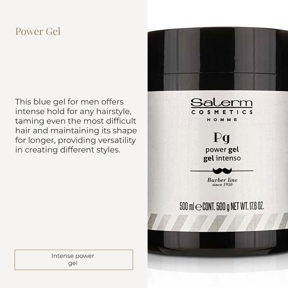 SALERM Homme Barber Line gel emphasizes strong hold with hydrating texture.