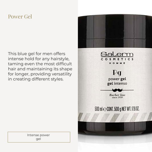 SALERM Homme Barber Line gel emphasizes strong hold with hydrating texture.