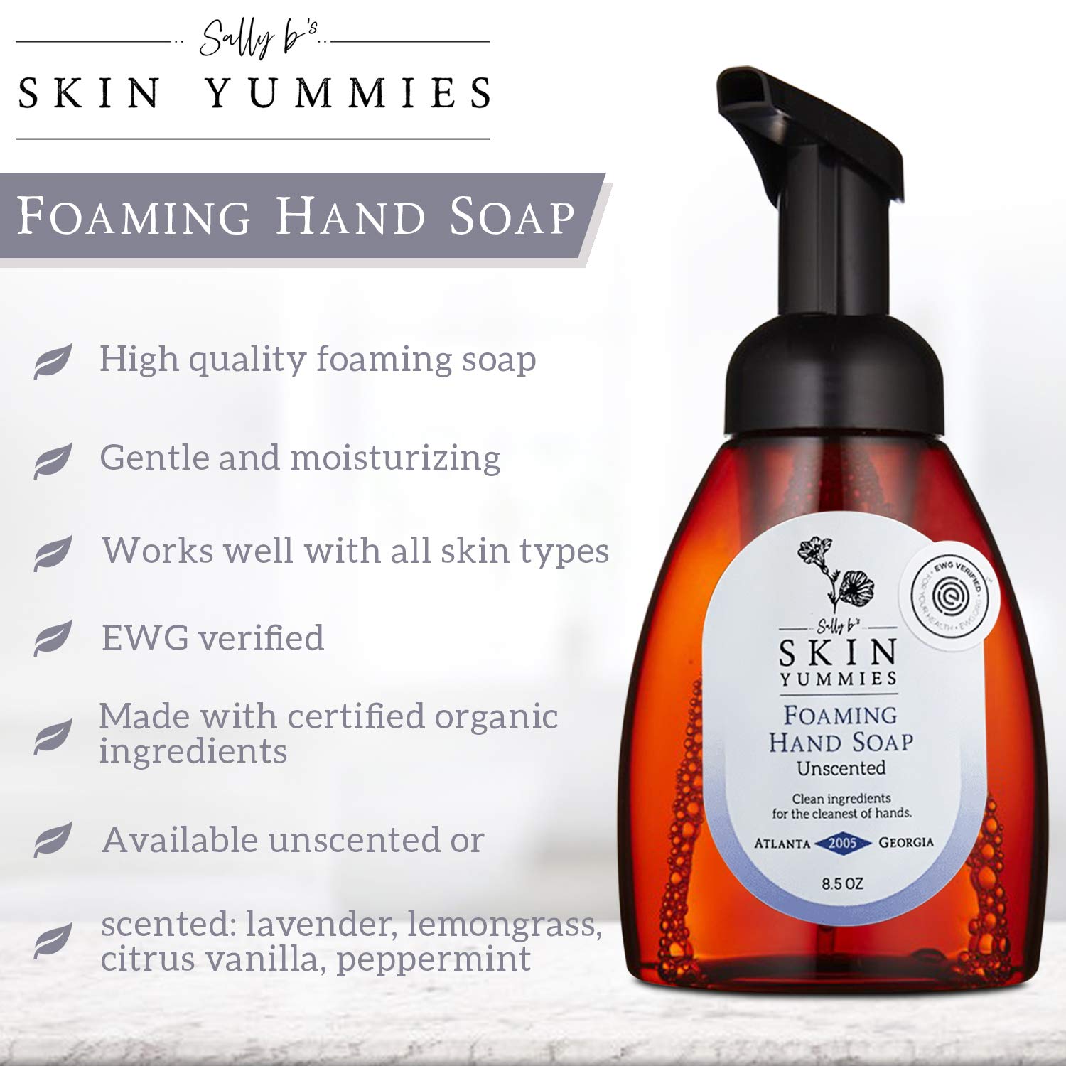 Creamy foam close-up of Sally B's unscented hand soap for sensitive skin