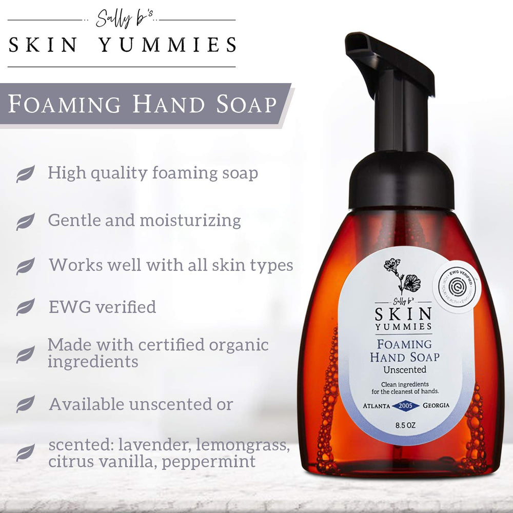 Creamy foam close-up of Sally B's unscented hand soap for sensitive skin