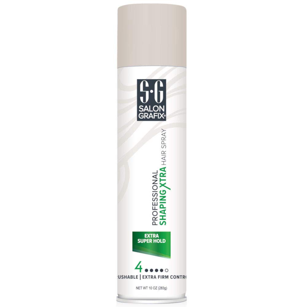 Salon Grafix shaping hairspray bottle with extra hold for long-lasting style and humidity resistance.