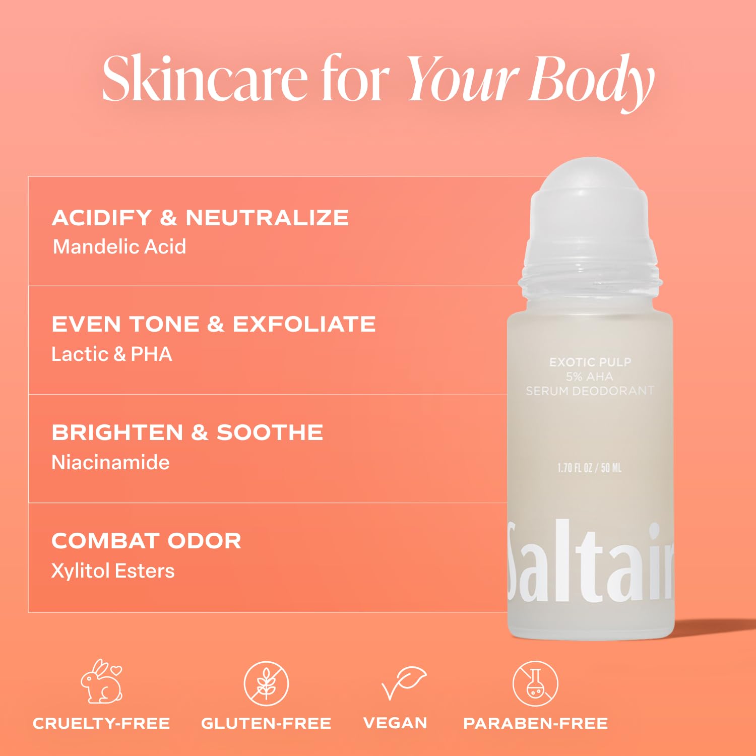 Saltair AHA blend highlights Mandelic and Lactic acids for smoother skin.