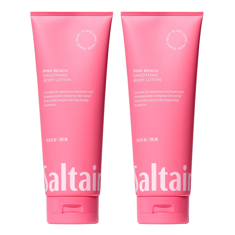 Saltair Body Lotion pink beach bottle showing lasting hydration for all skin types