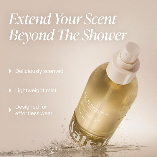 Saltair Body Mist spray application capturing a light, quick-drying fragrance.