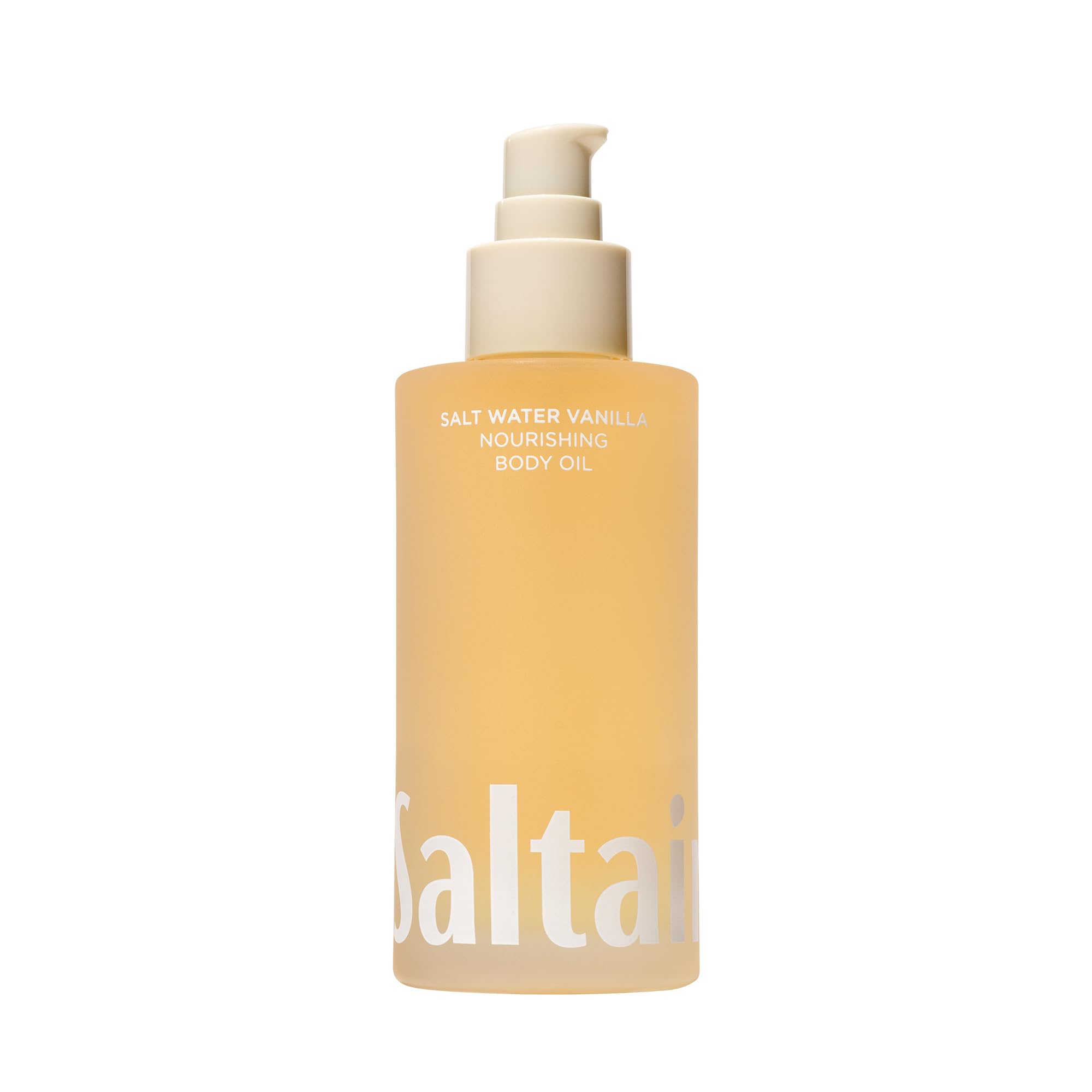 Saltair Body Oil bottle with pump showing vanilla fragrance and silky hydration