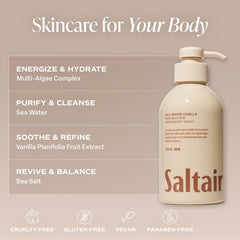 Saltair Salt Water Vanilla label close-up, vegan and paraben-free formulation