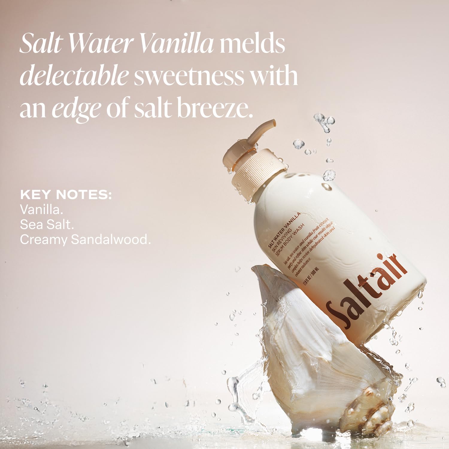 Saltair Salt Water Vanilla bottle on a bright bathroom shelf, fresh morning routine