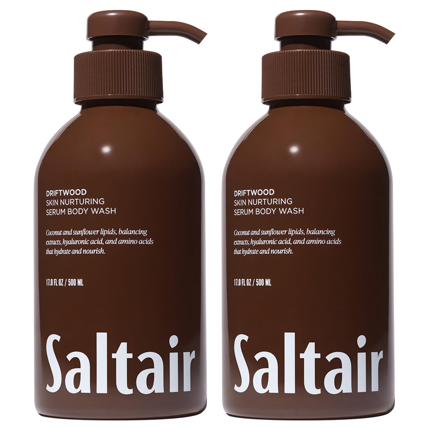 Saltair Driftwood bottle pump front view highlights hydrating cleanser.