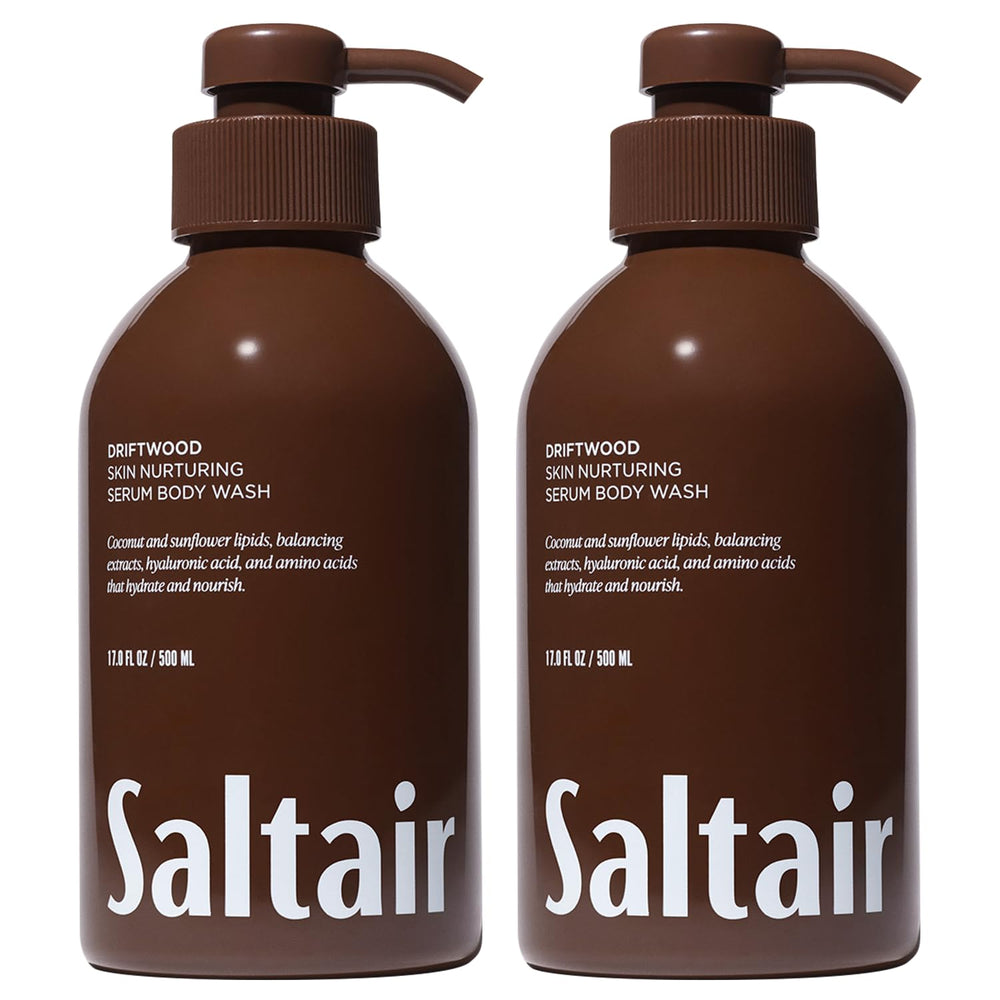 Saltair Driftwood bottle pump front view highlights hydrating cleanser.