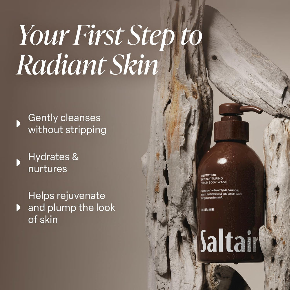 Saltair Driftwood bottle pump side view showcases packaging and pump.