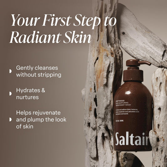 Saltair Driftwood bottle pump side view showcases packaging and pump.