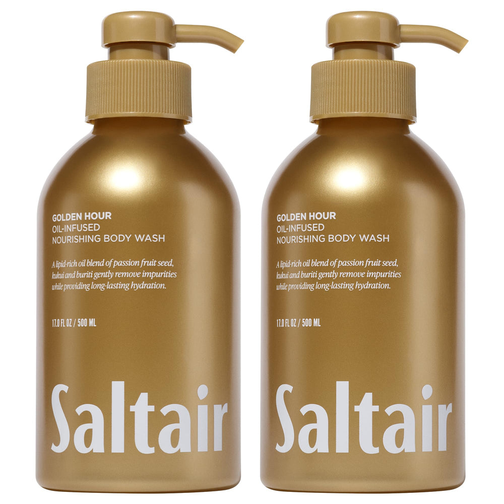 Saltair Golden Hour bottle-pump close-up showing hydrating cleanse for smooth skin