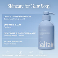 Saltair Monoi Oil and Cupuacu Butter nourish skin with lasting moisture.