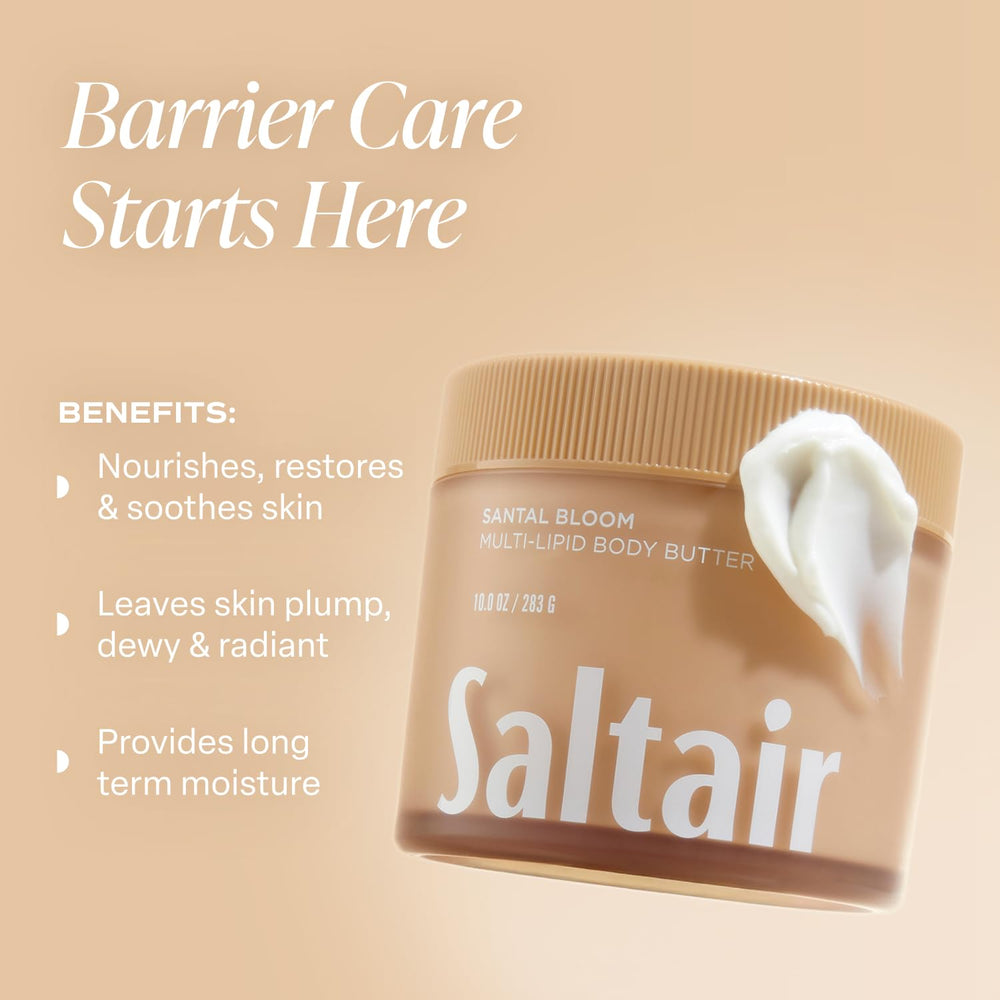 Saltair Multi-Lipid Body Butter with shea butter smooths dry areas with rich emollients.