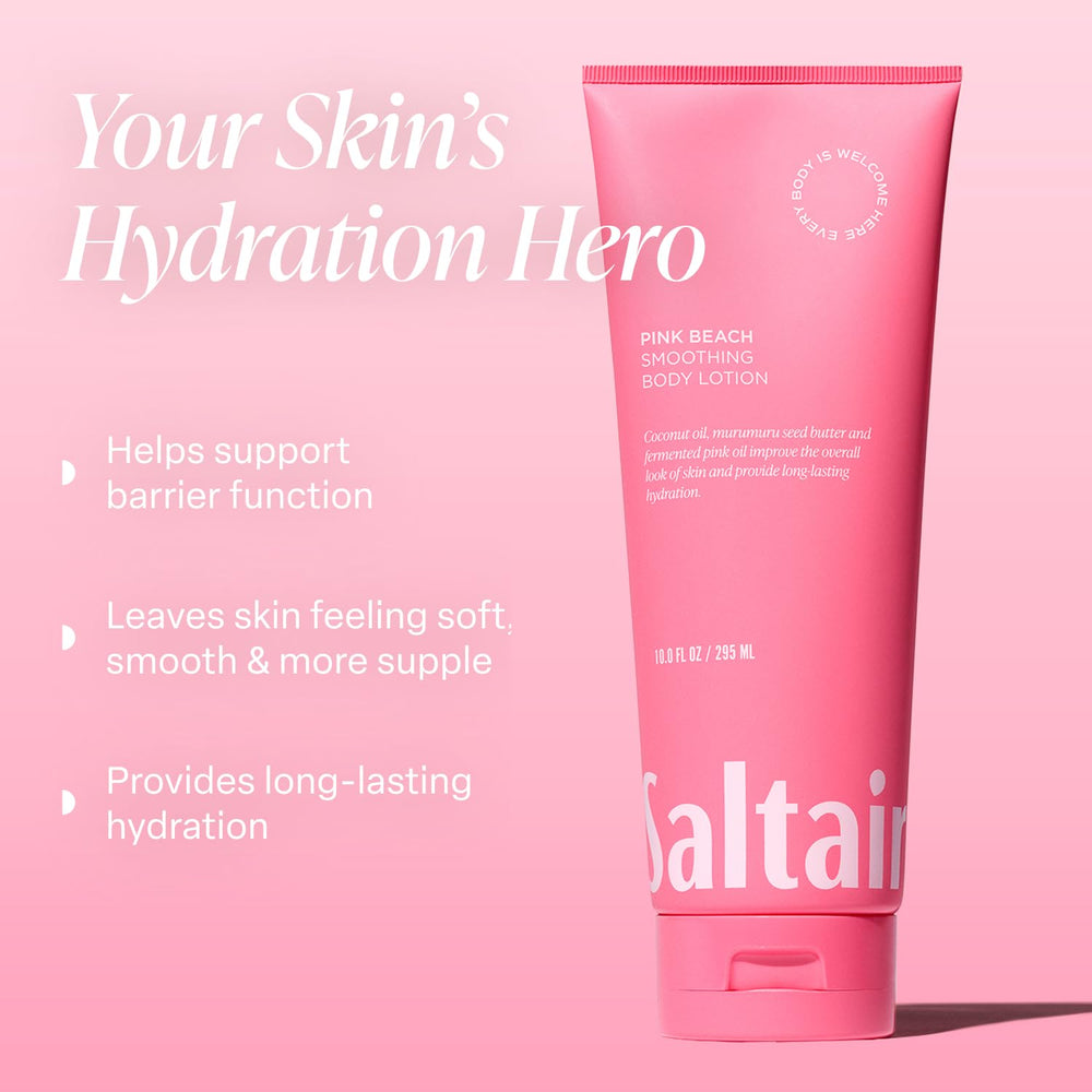 Saltair Pink Beach bottle closeup showcases tropical aroma and hydrating formula.