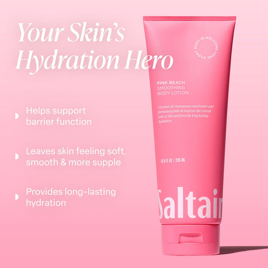 Saltair Pink Beach bottle closeup showcases tropical aroma and hydrating formula.