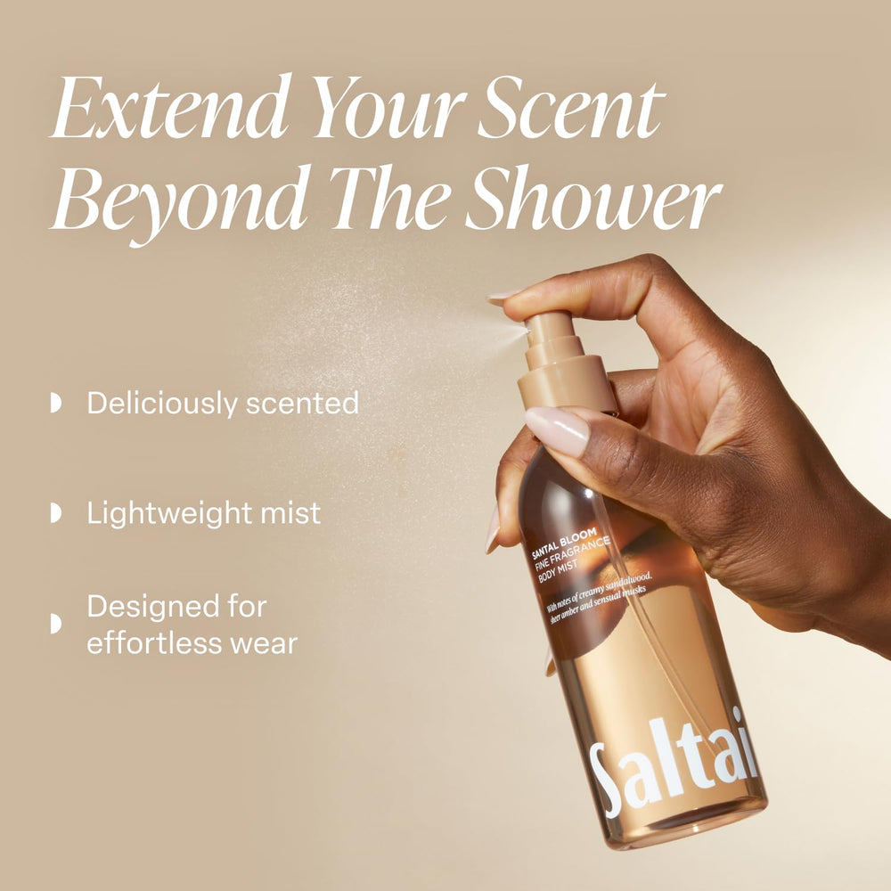 Saltair Santal Bloom bottle close-up highlighting spritz-ready mist for instant refreshment.