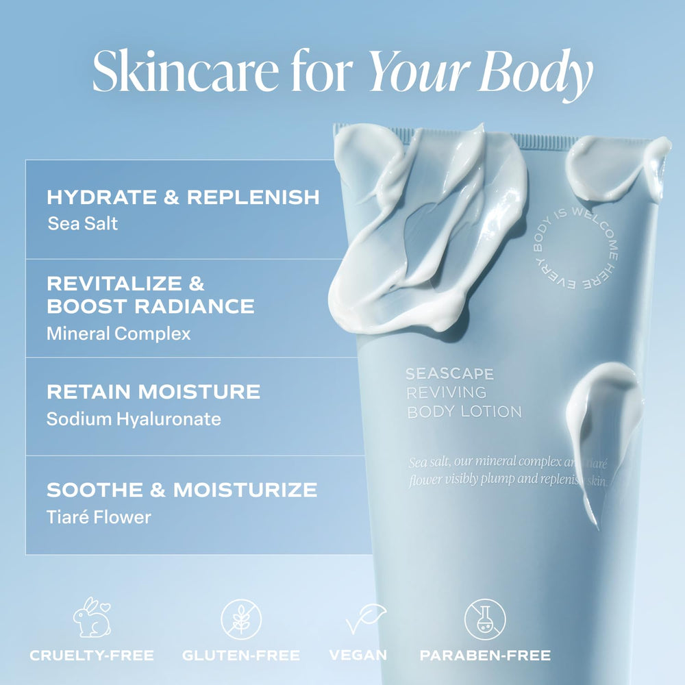 Saltair Seascape Lotion packaging closeup emphasizes mineral-rich formula.