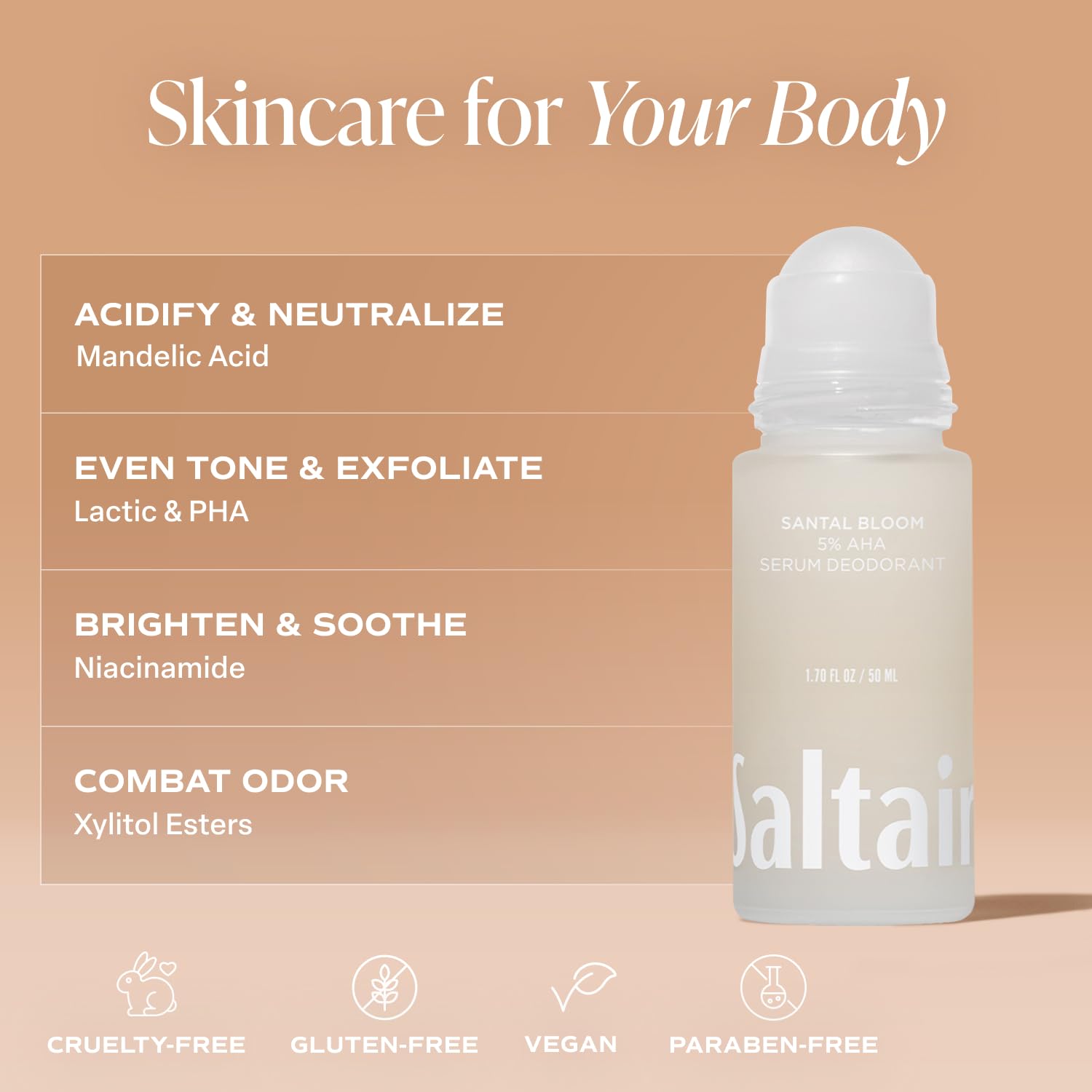 Saltair Serum Deodorant Santal Bloom fragrance swatch showcases rose, jasmine, sandalwood.