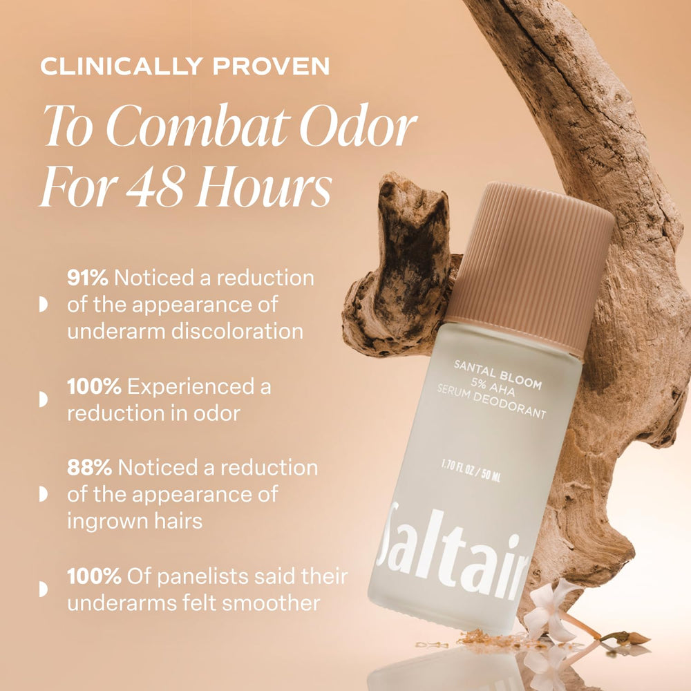 Saltair Serum Deodorant Santal Bloom roll-on bottle highlights fragrance and smooth application.