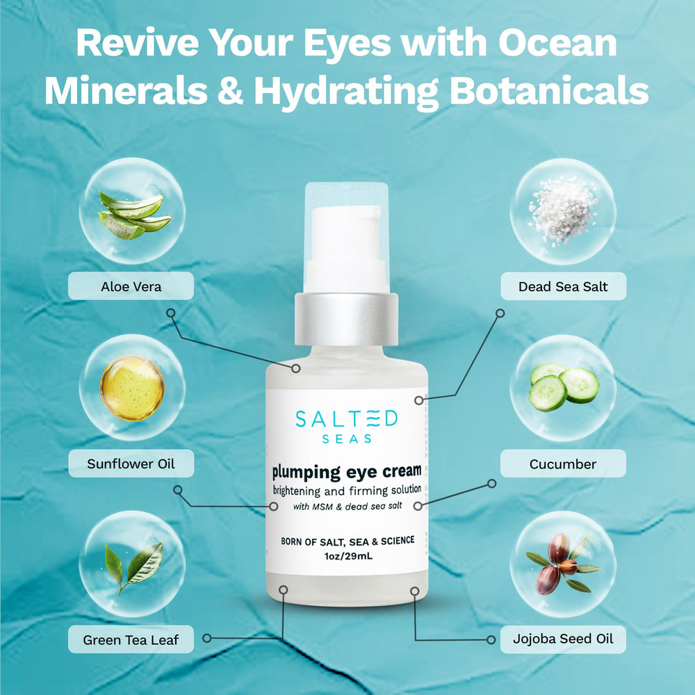 Salted Seas Plumping Eye Cream packaging design highlighting USA-made, clean ocean skincare