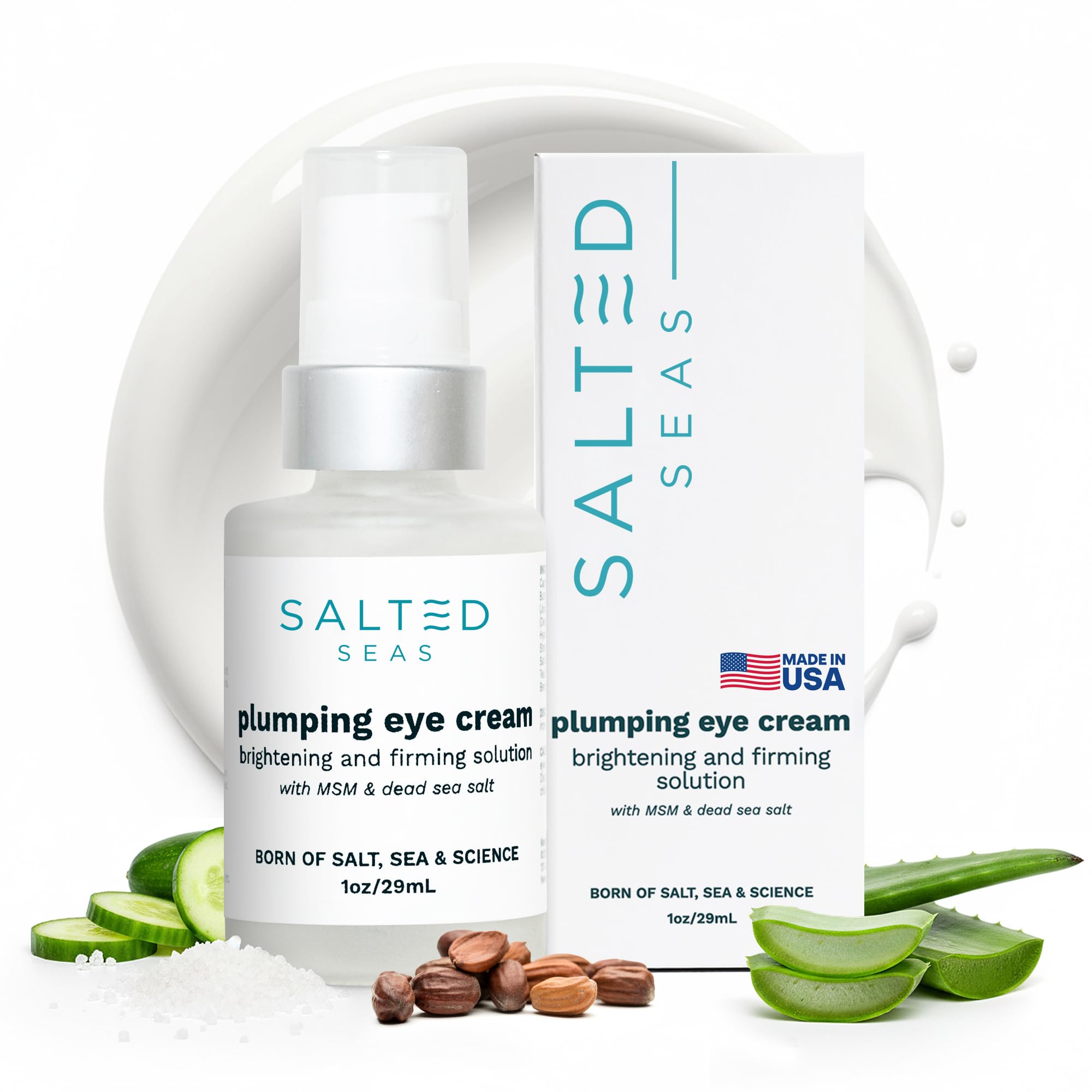 Salted Seas Plumping Eye Cream tube close-up for hydrated under-eye skin