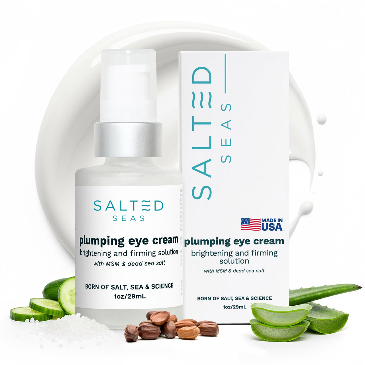 Salted Seas Plumping Eye Cream tube close-up for hydrated under-eye skin