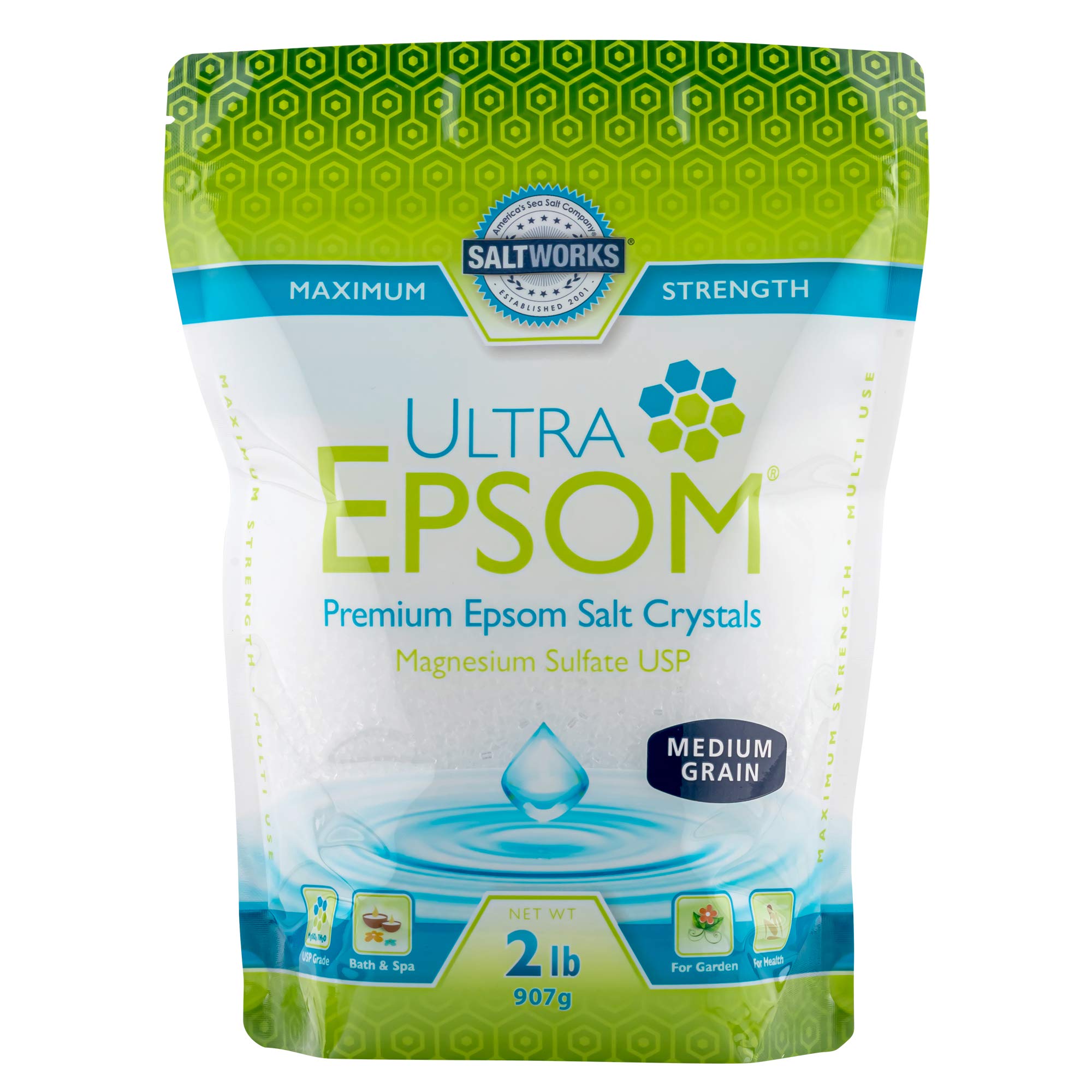 SaltWorks Ultra Epsom medium grain bath salt 2 lb bag for relaxing soaks.