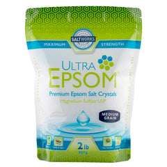 SaltWorks Ultra Epsom medium grain bath salt 2 lb bag for relaxing soaks.