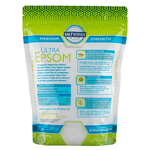 SaltWorks Ultra Epsom medium grain bath salt pour bottle for quick dissolve.