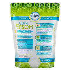 SaltWorks Ultra Epsom medium grain bath salt pour bottle for quick dissolve.