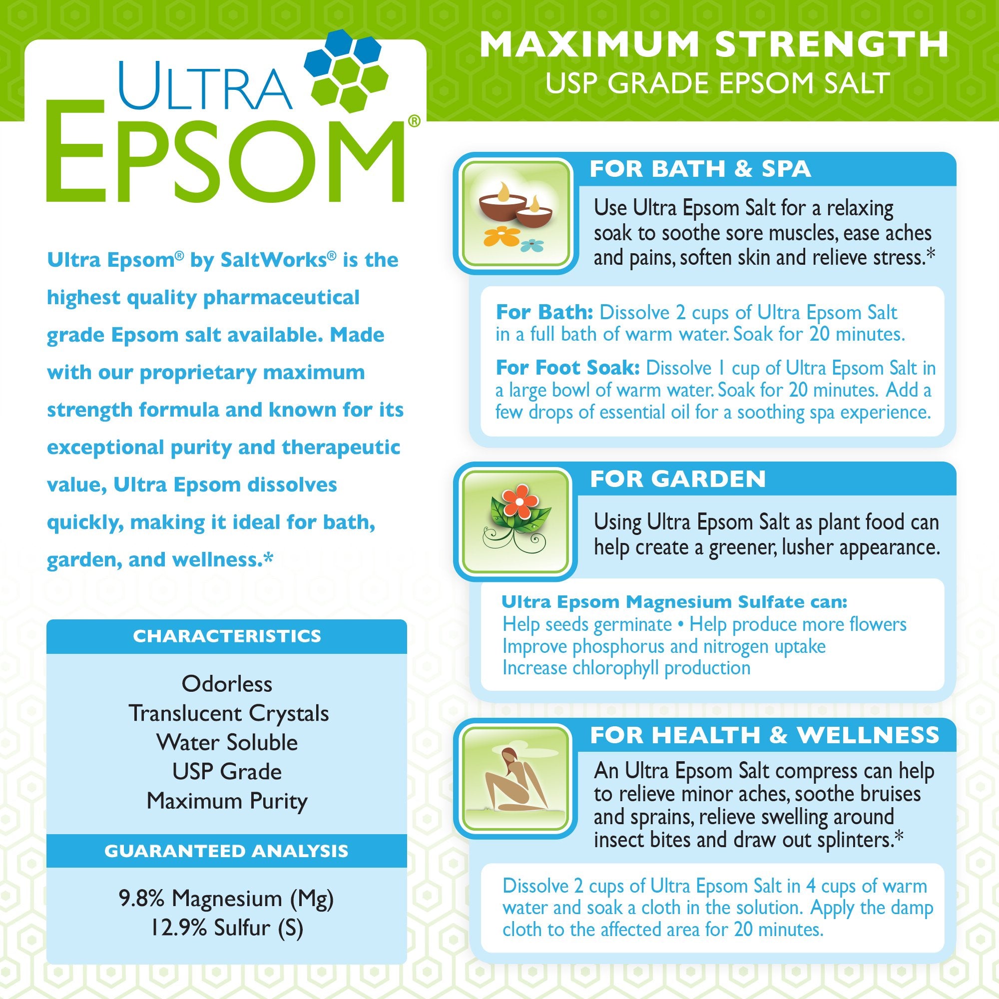 SaltWorks Ultra Epsom medium grain bath salt granules for soothing soak routines.