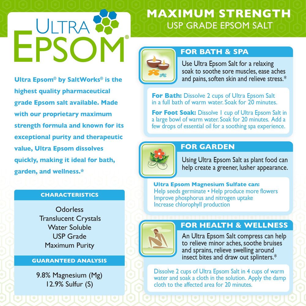 SaltWorks Ultra Epsom medium grain bath salt granules for soothing soak routines.