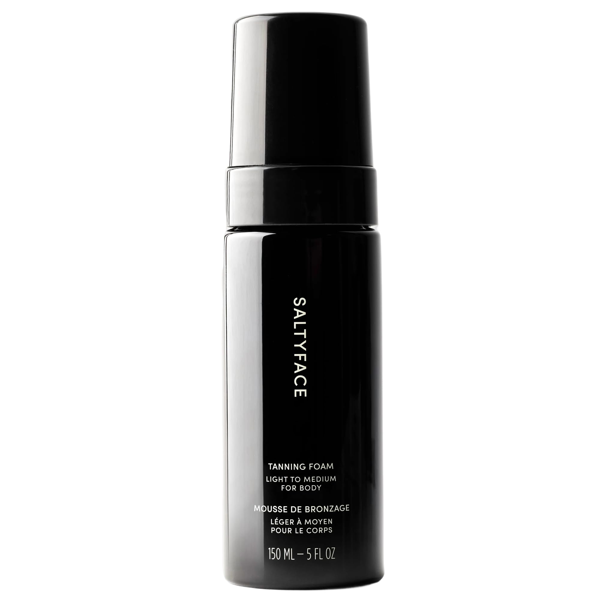 Saltyface tanning foam bottle in light-to-medium shade for an even, transfer-free glow.