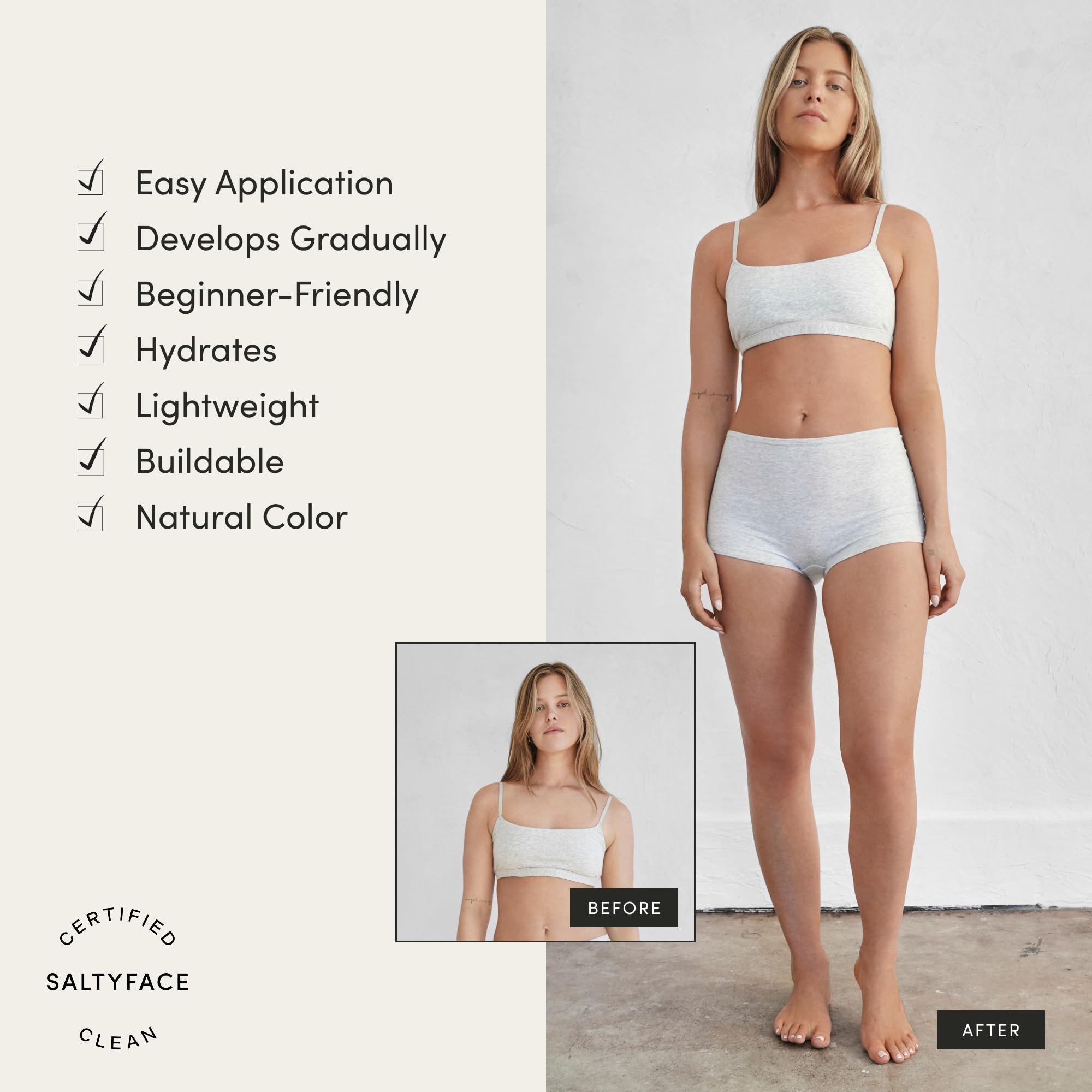 Saltyface tanning foam leg-application demonstrates smooth, even blending on legs.