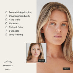 SALTYFACE tanning water face application demonstrates natural gradual color