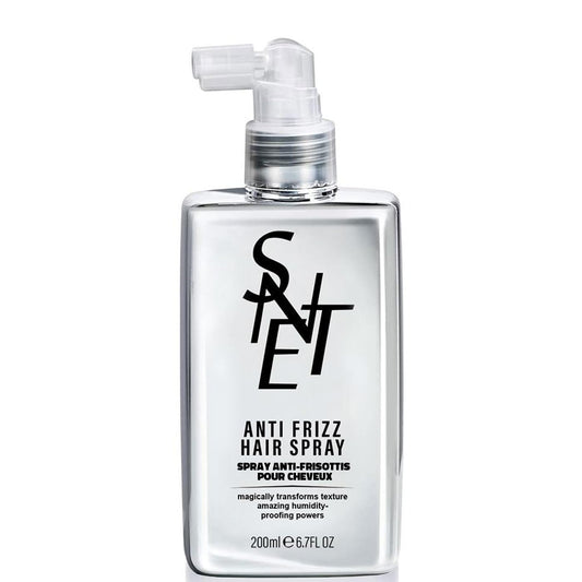 Samnyte anti-frizz smoothing spray bottle for humidity control and shine.