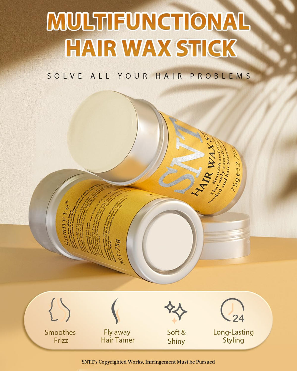 Samnyte Hair Wax Stick applying to flyaways for a controlled, smooth look