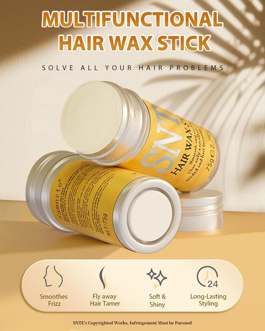Samnyte hair wax stick applying on hair to tame flyaways.