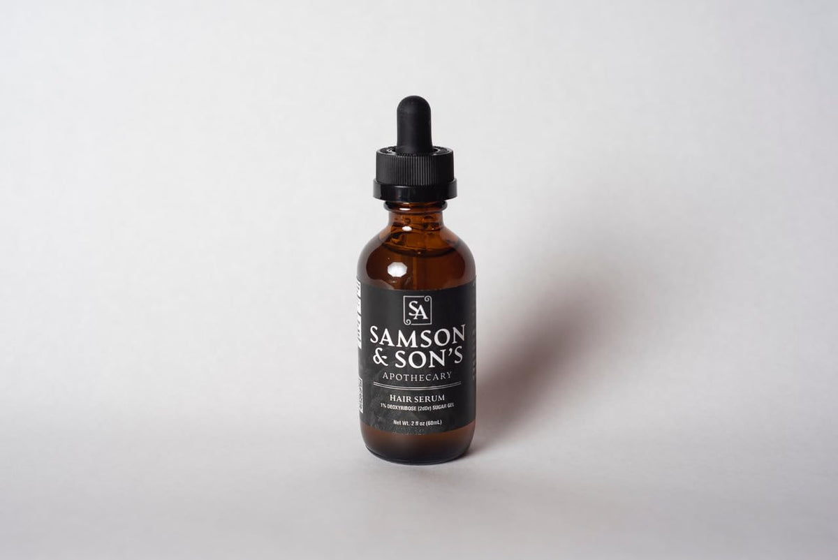 Samson's Apothecary hair regrowth serum bottle front view promoting a fuller look.