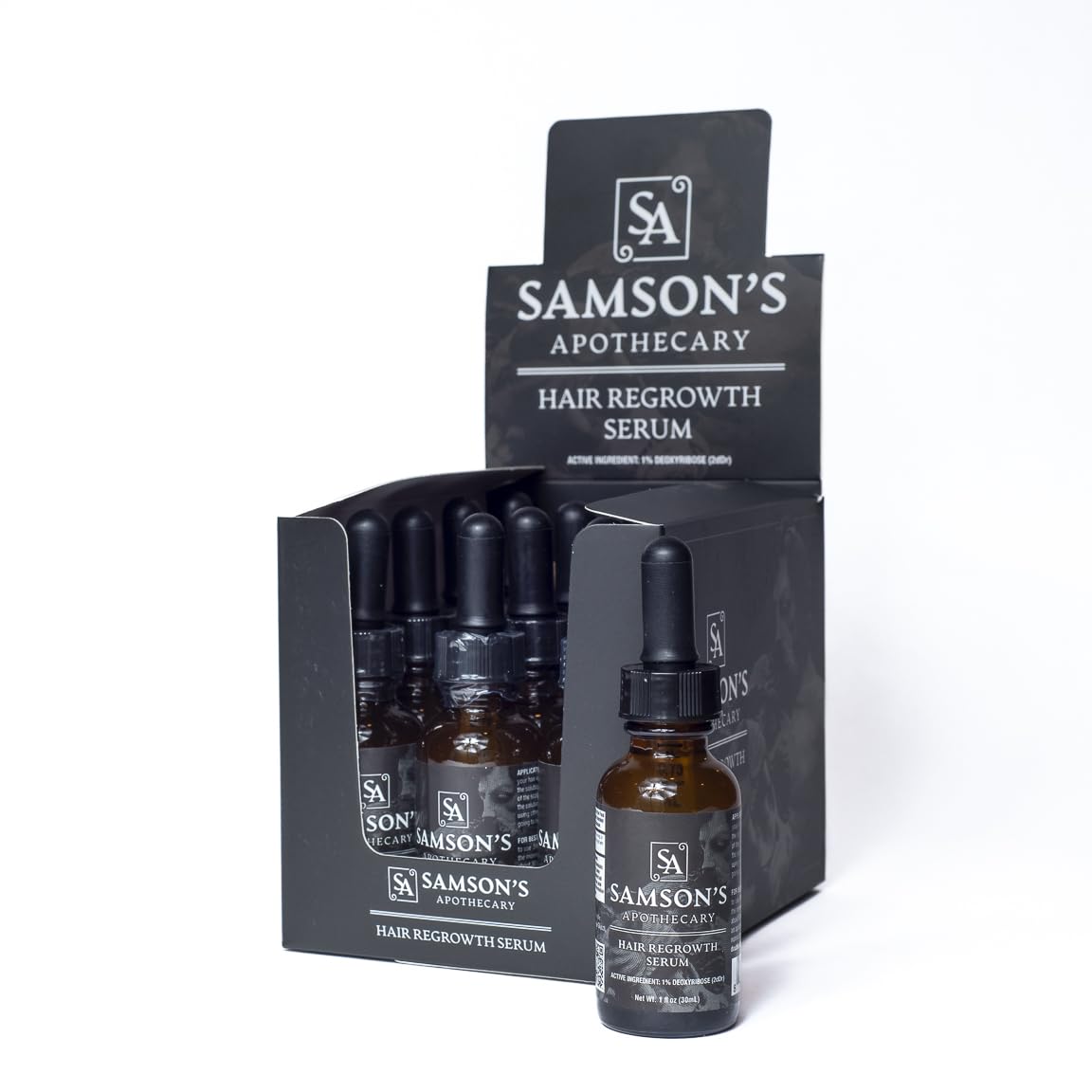 Samson's Apothecary hair regrowth serum bottle with clean label for daily use.