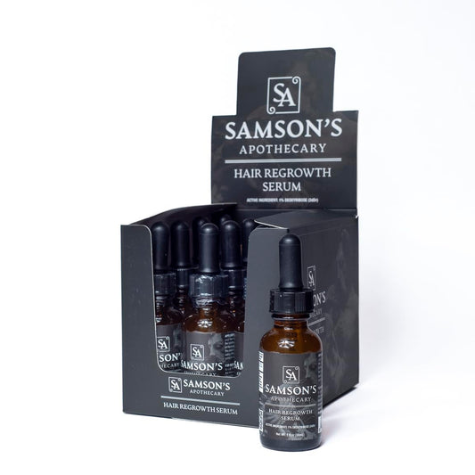 Samson's Apothecary hair regrowth serum bottle with clean label for daily use.