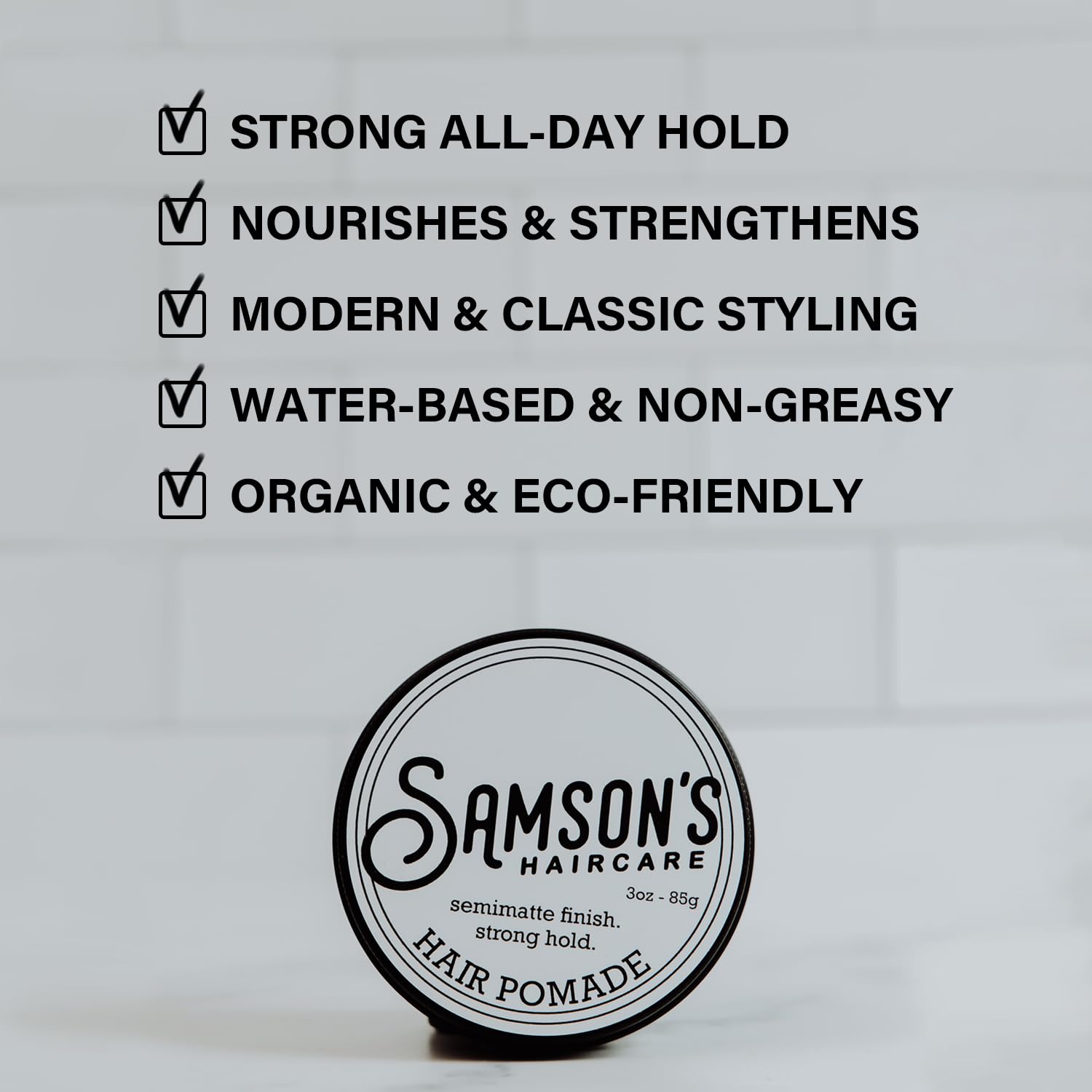 Samson's Haircare Pomade water-based formula emphasizes easy rinse and clean removal