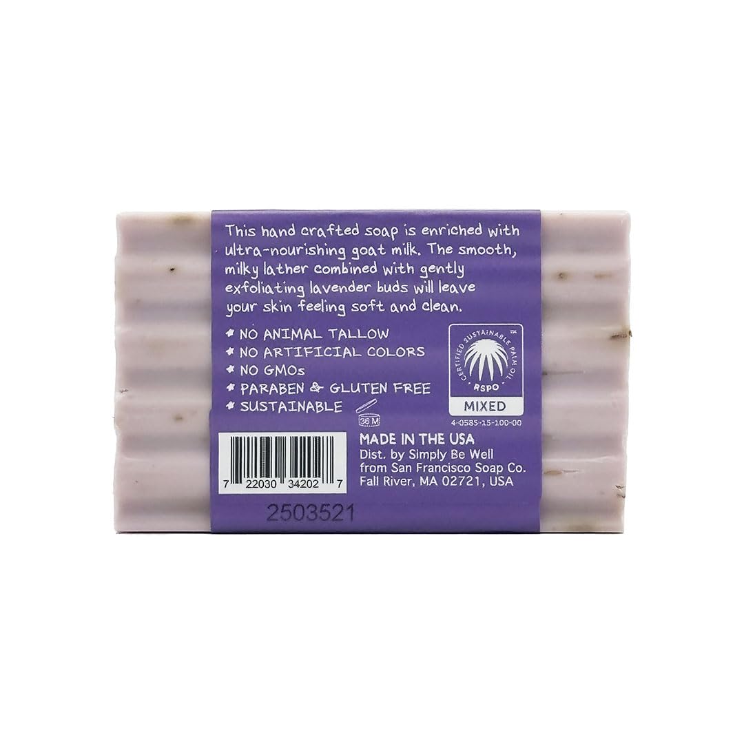 Goat milk soap bar by San Francisco Soap Company with lavender fragrance for a calming shower.
